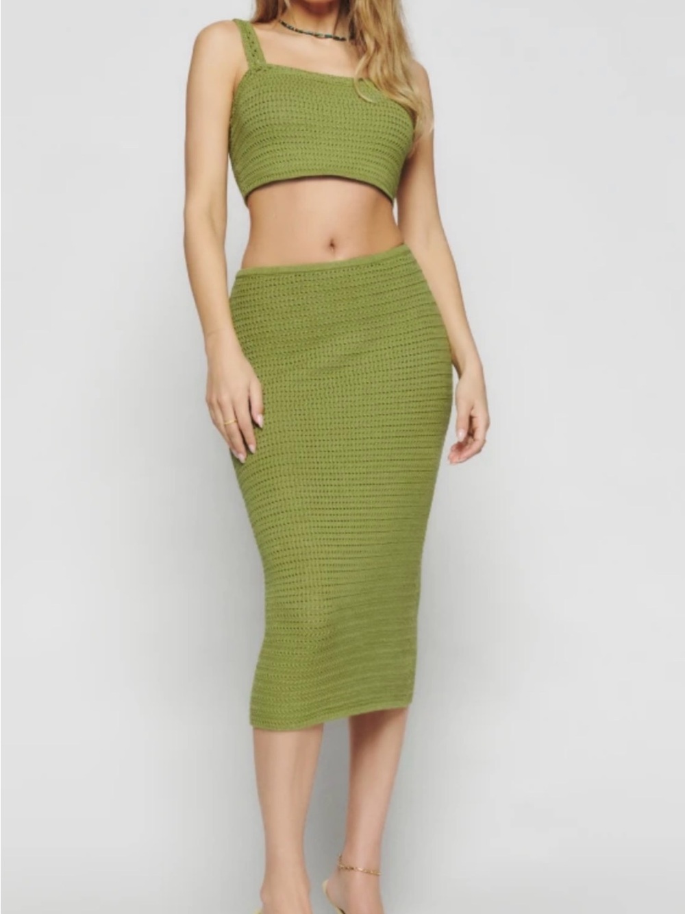 Olive Green Knit Midi Skirt - Women